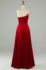 A-shaped ruffled edge one shoulder wine red long bridesmaid dress