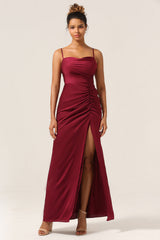 Simple Mermaid Spaghetti Straps Burgundy Long Bridesmaid Dress with Split Front