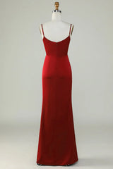 Thin shoulder strap wine red front slit long bridesmaid dress