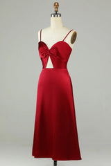 Hollow wine red thin shoulder strap bridesmaid dress