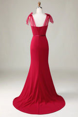 Bowtie fishtail satin wine red long bridesmaid dress
