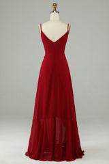 Chiffon Burgundy Spaghetti Straps Long Bridesmaid Dress with Ruffles