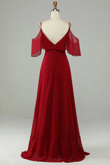 Asymmetric Ruffle Edge Cold Shoulder Wine Red Long Bridesmaid Dress