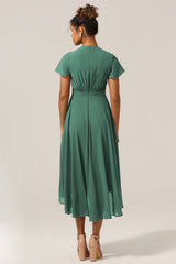 Chraming A Line V-Neck Short Sleeves Eucalyptus Bridesmaid Dress With Bow