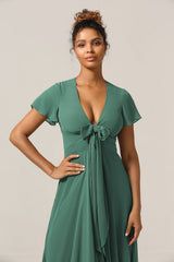 Chraming A Line V-Neck Short Sleeves Eucalyptus Bridesmaid Dress With Bow