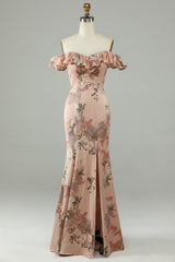 Flower Printed Off The Shoudler Blush Long Bridesmaid Dress with Slit