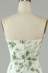 Asymmetrical Strapless Printed Green Long Bridesmaid Dress
