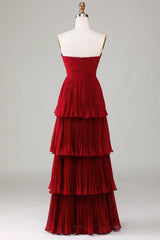Strapless layered wine red long bridesmaid dress