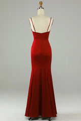 Fish tail thin shoulder strap wine red slit long bridesmaid dress