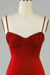 Fish tail thin shoulder strap wine red slit long bridesmaid dress