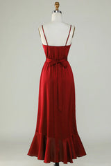 Fine shoulder strap wine red ruffled bridesmaid dress