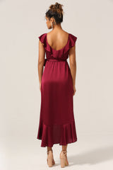 A Line V-Neck Burgundy Bridesmaid Dress with Ruffles