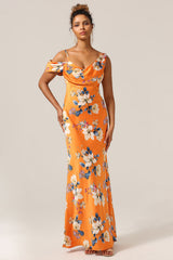 Trendy Mermaid One Shoulder Printed Orange Flower Bridesmaid Dress