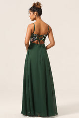Beauty A-Line Spaghetti Straps Dark Green Long Bridesmaid Dress with 3D Flowers