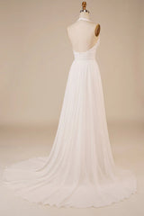A-shaped sleeveless off shoulder slit hanging neck ivory sweeping drag tail off back wedding dress