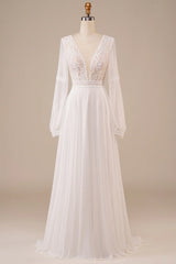 Long Sleeves Ivory Wedding Dress with Lace V-Neck Long Dress
