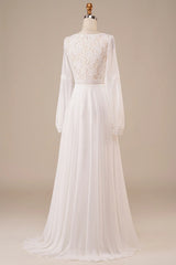 Long Sleeves Ivory Wedding Dress with Lace V-Neck Long Dress