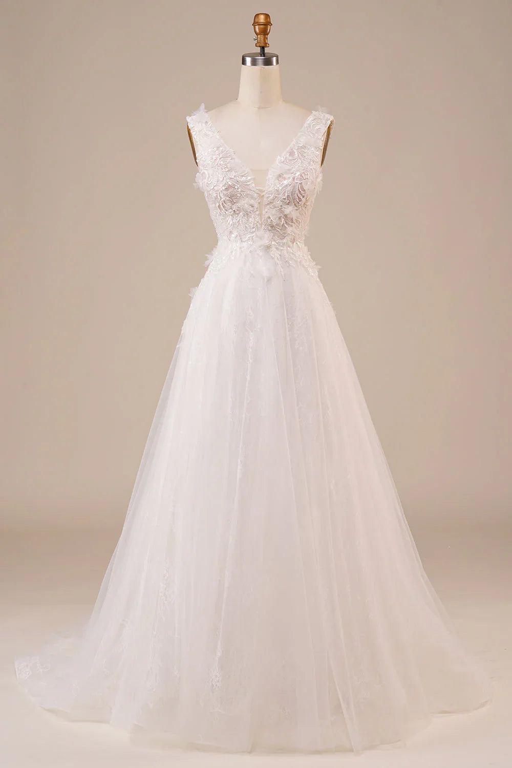 Shiny sheer beaded sleeveless off shoulder ivory and floor length off back wedding dress