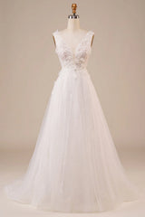 Shiny sheer beaded sleeveless off shoulder ivory and floor length off back wedding dress