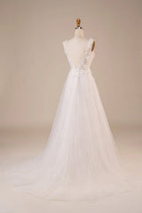 Shiny sheer beaded sleeveless off shoulder ivory and floor length off back wedding dress