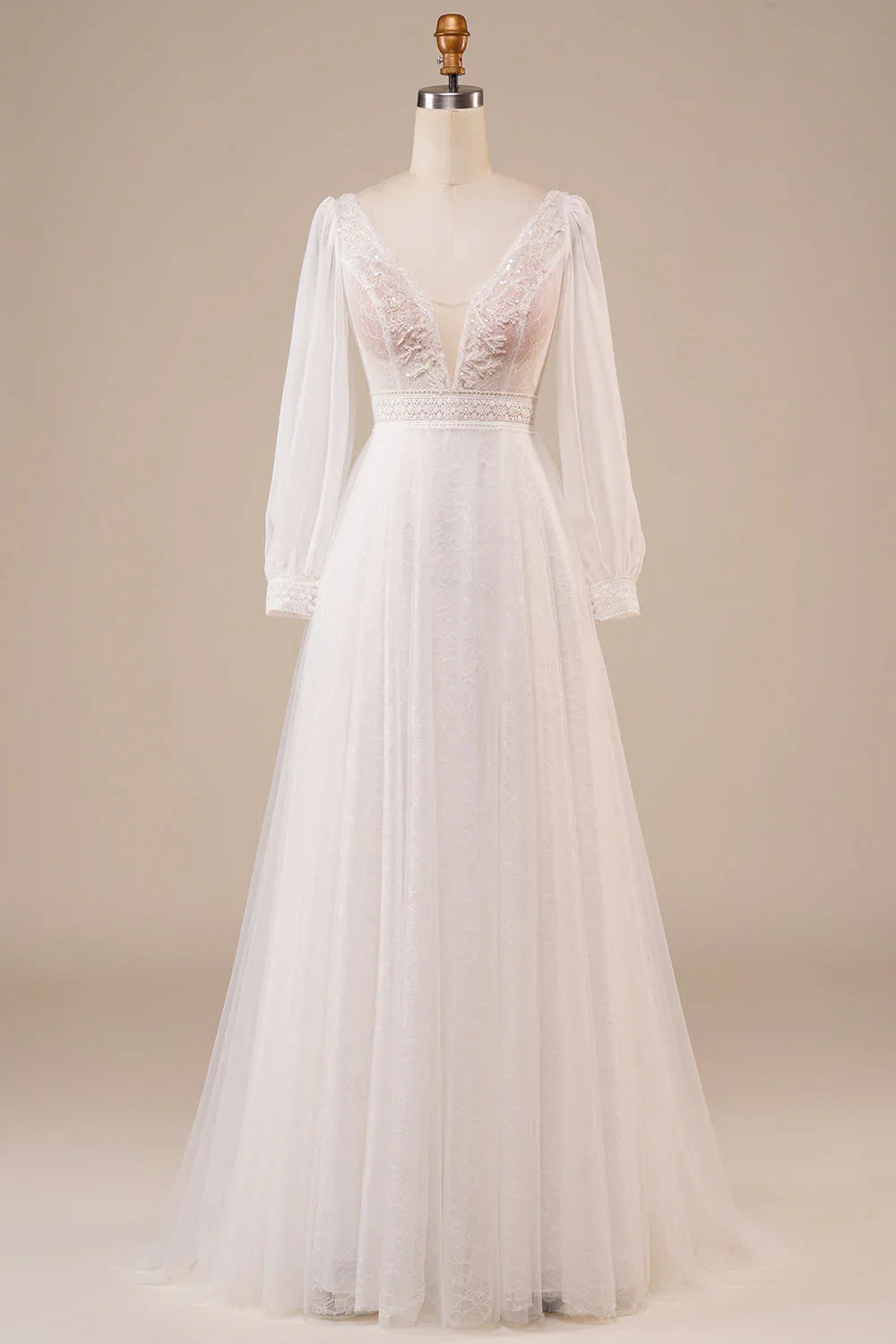 A-shaped sheer beaded ivory V-neck backless sleeveless wedding dress