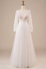 A-shaped sheer beaded ivory V-neck backless sleeveless wedding dress