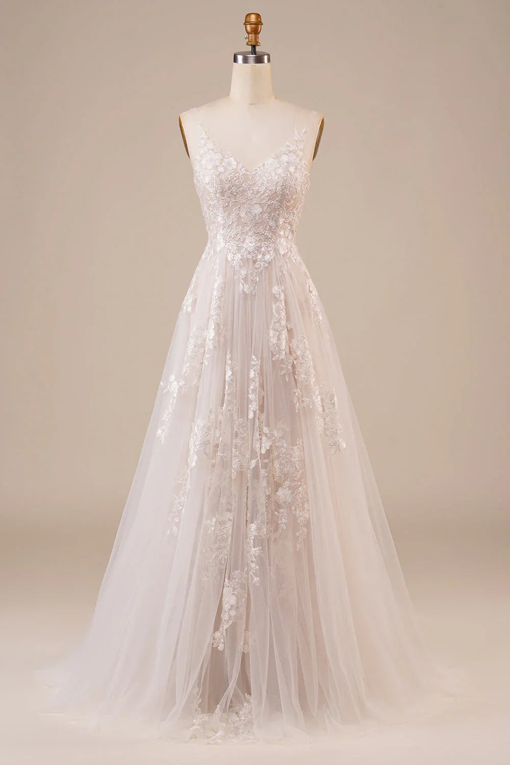 Embroidered sheer thin shoulder strap sleeveless off shoulder ivory long backless wedding dress