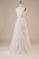 Embroidered sheer thin shoulder strap sleeveless off shoulder ivory long backless wedding dress