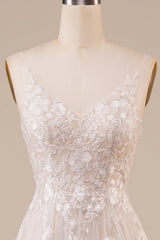 Embroidered sheer thin shoulder strap sleeveless off shoulder ivory long backless wedding dress