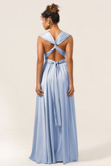 Blue Satin Convertible Bridesmaid Dress with Slit