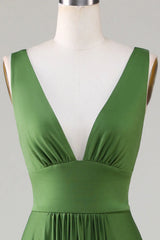 Olive deep V-neck sleeveless bridesmaid dress