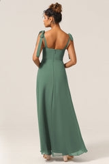 A Line Spaghetti Straps Eucalyptus Tie Straps Bridesmaid Dress With Slit