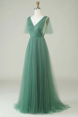 Eucalyptus V-neck backless A-line sheer bridesmaid dress