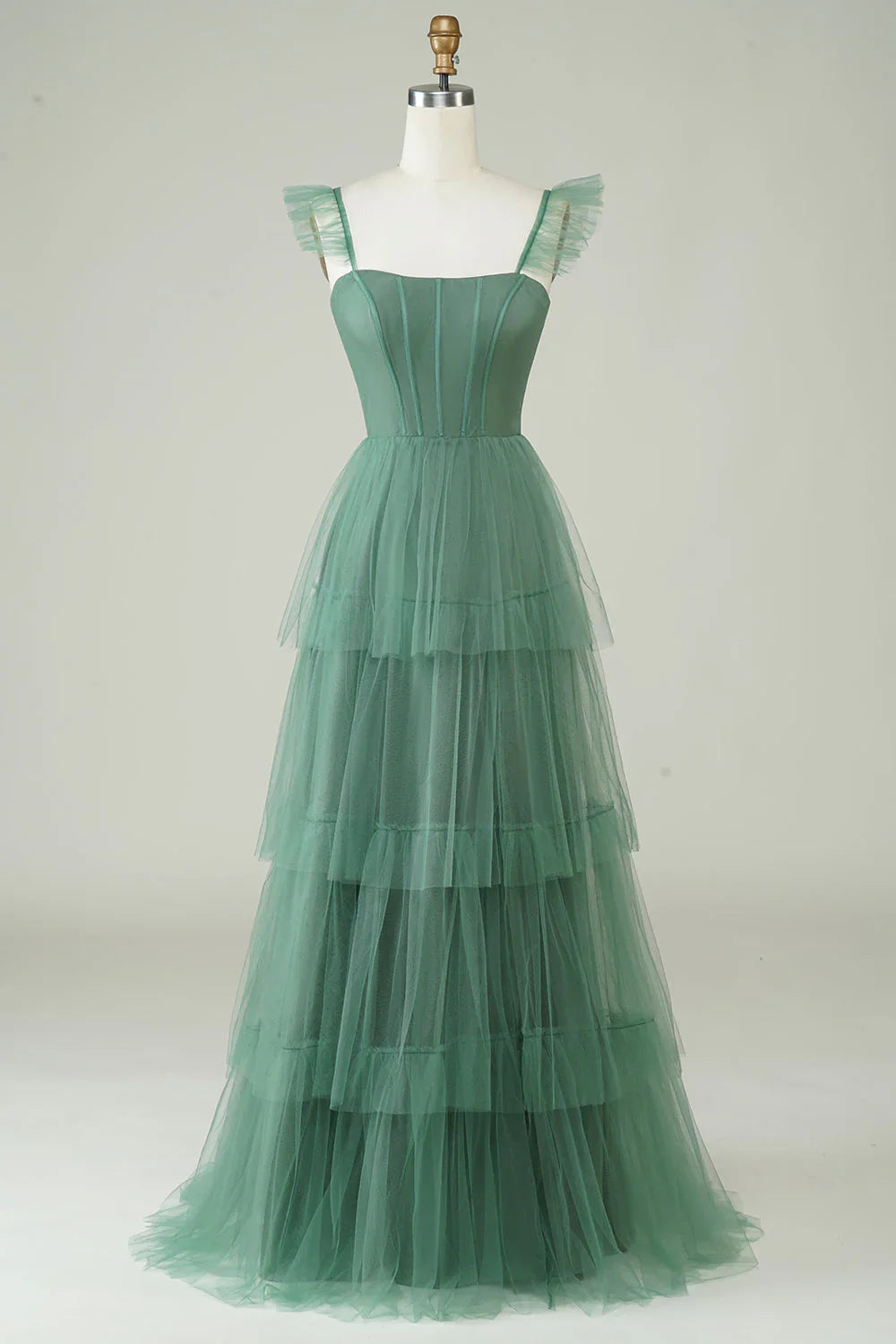 A Line Fine Shoulder Strap Long Thin Gauze Eucalyptus Bridesmaid Dress