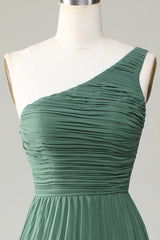 Eucalyptus one shoulder A-line pleated bridesmaid dress