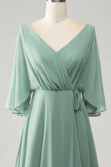 Matcha Batwing Sleeves Long Chiffon Split Bridesmaid Dress