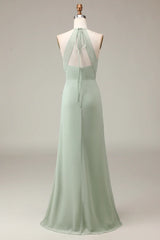Matcha Halter Neck Sheath Pleated Bridesmaid Dress with Slit