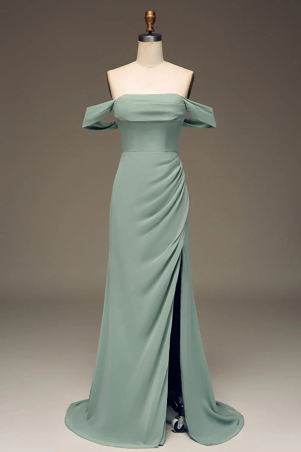 Dusty Sage Off Shoulder Chiffon Pleated Long Bridesmaid Dress