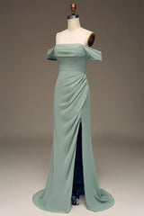 Dusty Sage Off Shoulder Chiffon Pleated Long Bridesmaid Dress