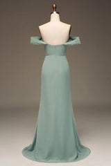 Dusty Sage Off Shoulder Chiffon Pleated Long Bridesmaid Dress