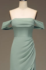 Dusty Sage Off the Shoulder Sheath Chiffon Pleated Long Bridesmaid Dress
