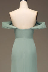 Dusty Sage Off Shoulder Chiffon Pleated Long Bridesmaid Dress