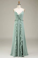 Eucalyptus A-line V-neck ruffled chiffon bridesmaid dress