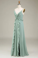 Eucalyptus A-line V-neck ruffled chiffon bridesmaid dress