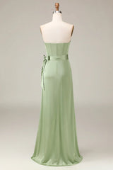 Matcha strapless tight fitting corset with A-line slit satin bridesmaid dress