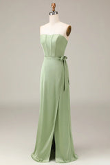 Matcha strapless tight fitting corset with A-line slit satin bridesmaid dress