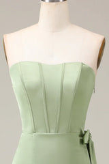 Matcha strapless tight fitting corset with A-line slit satin bridesmaid dress