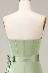 Matcha Strapless Corset A-line Satin Bridesmaid Dress with Slit
