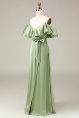 Matcha Spaghetti Straps Cold Shoulder A-line Satin Bridesmaid Dress