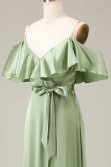 Matcha Spaghetti Straps Cold Shoulder A-line Satin Bridesmaid Dress